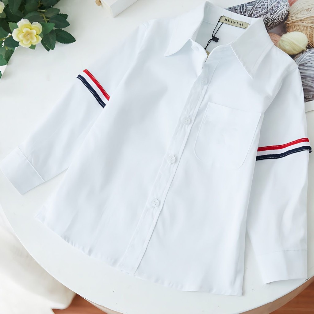 110-160 Boys Stripe เสื้อเชิ้ตสีขาวชุดนักเรียนแขนยาวสําหรับ 2-12 Yrs Old