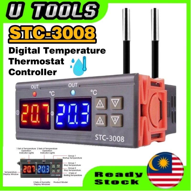 STC-3008 Dual Display Dual NTC Probe Sensor Digital Temperature Thermostat Controller (110-220V)