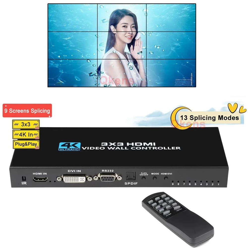 4K 3X3 Video Wall Controller DVI HDMI Wall Controller TV Splicing โปรเซสเซอร์ 1X3 2x3 2x4 4x2 9 หน้า