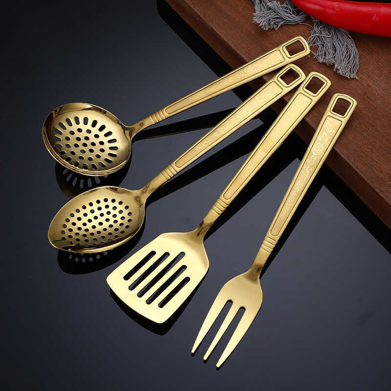 Kitchen Stainless Steel Gold Cooking Utensils Hollow Shovel Spatula Large Salad Spoon Fork Stirring