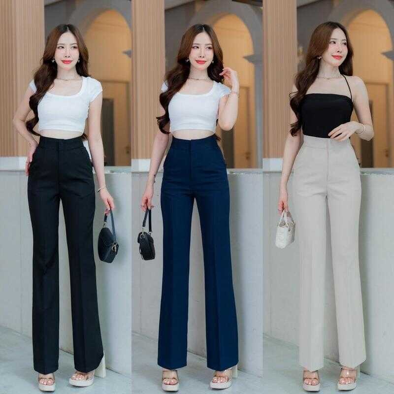 G90 ขาม้าน้อย เอวสูง ตะขอหน้า ซิปหน้า ผ้าโกโก้ Outfits ผู้หญิง เสื้อผ้า กางเกง Pants Lady Women