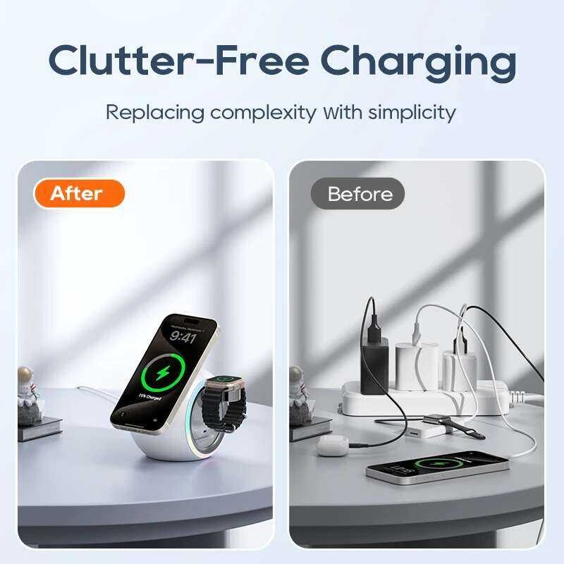 ❥ Kuulaa แท่นชาร์จไร้สายแบบ3 In 1สำหรับ Iphone 15ไฟ LED เปลี่ย