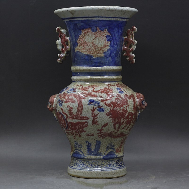 Hu Gu Kiln Blue and White Glazed Red Ghost Valley Descending Mountain Double Ear Flower Goblet Vase Antique Chinese