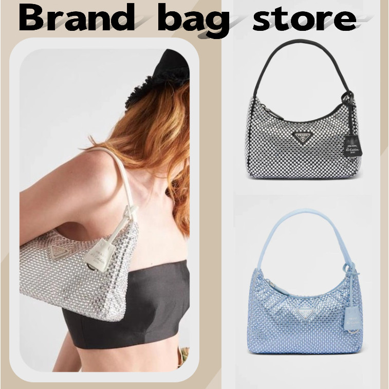 ♞,♘PRADA  ปราด้า  Prada Re-Edition Crystal Hobo Underarm Bag/กระเป๋าผู้หญิง/กระเป๋าสะพายข้าง