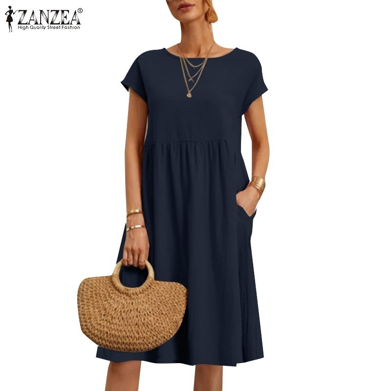 Zanzea Women Europe Daily Short Sleeve Pockets Pleated Soild Color Dress