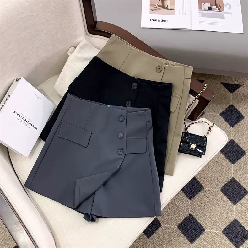 ขนาดเล็กสีดําไม่สม่ําเสมอสูงเอวสั้น Culottes ผู้หญิงฤดูร้อน Commuter ปุ่ม a-Line กระโปรงขากว้าง