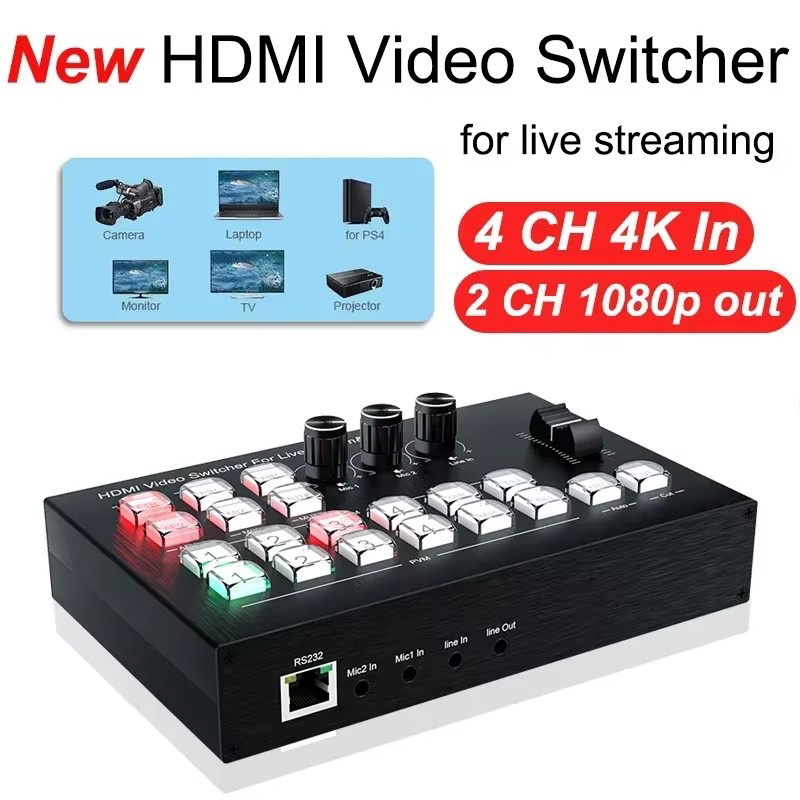 4K 4 Channel HDMI Video Switcher สําหรับกล้องหลายตัวถ่ายทอดสดสตรีมมิ่งการผลิต Video Mixer Switcher S
