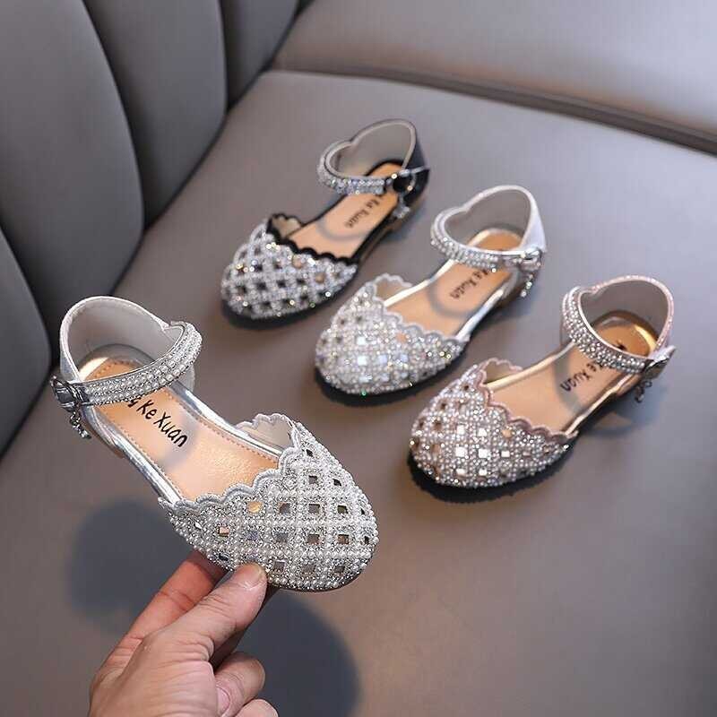 ♎ Elegant Pearls Baby Girls Princess Leather For Wedding Hollow Out Half Sandles -16 Years Old Ki