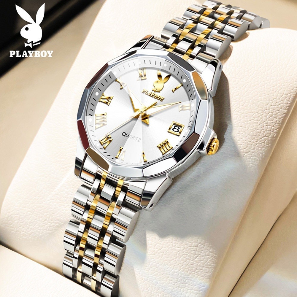 PLAYBOY นาฬิกาข้อมือผู้หญิง กันน้ํา 100% สายสแตนเลสเรืองแสง ปฏิทิน แฟชั่นสําหรับผู้หญิง นาฬิกาข้อมื