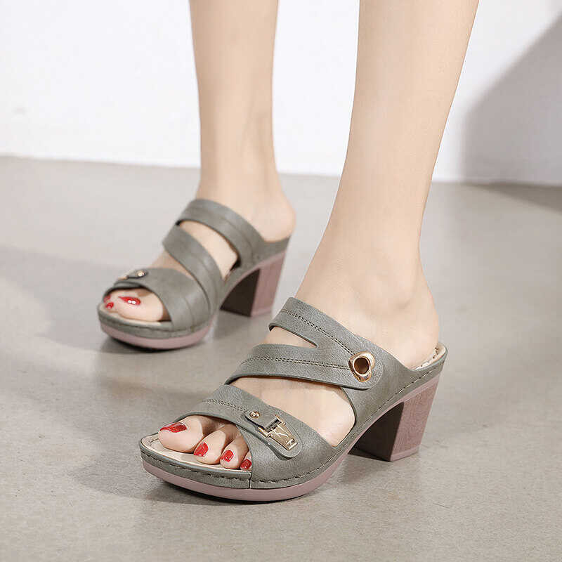 Women Thick Heeled Sandals Ladies Casual Slip-On Slippers Wedge Heels