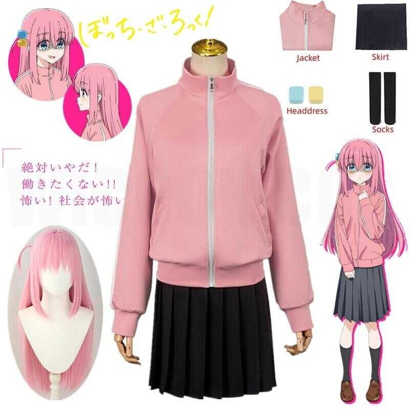 Gotou Hitori Cosplay Bocchi The Rock Gotou Hitori Cosplay Costume JK Uniform Pink Jacket Skirt Wig
