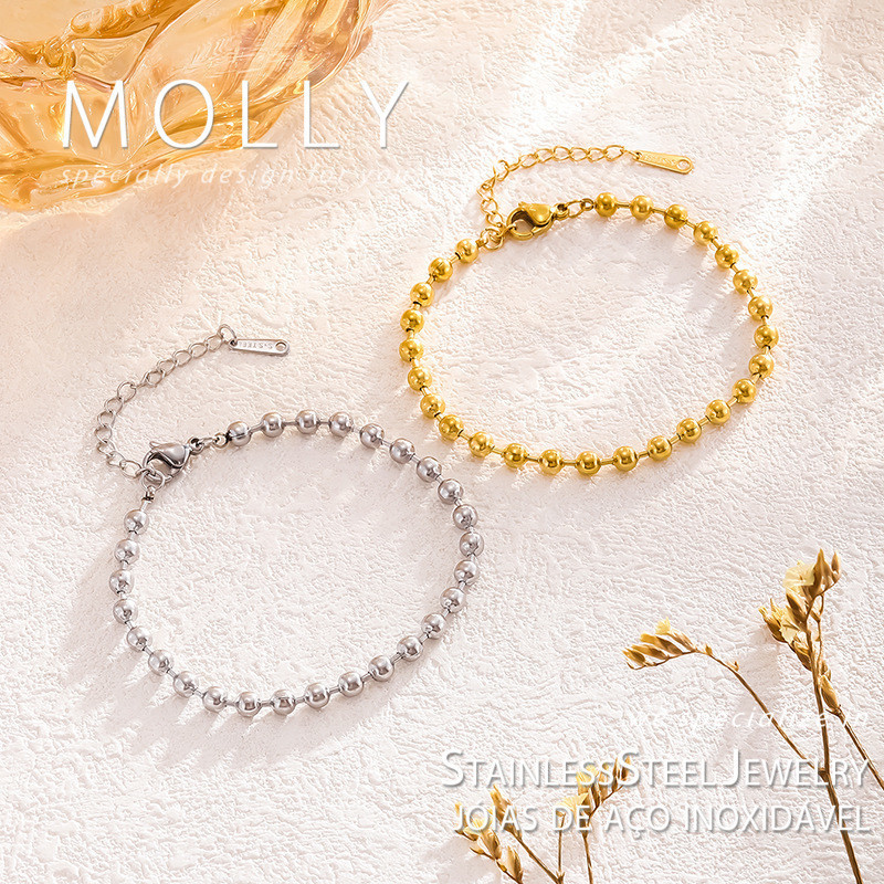 สร้อยข้อมือลูกปัดสแตนเลสสําหรับผู้หญิง Non Tarnish Gold Plated Hypoallergenic Minimalist แฟชั่นเครื่องประดับ