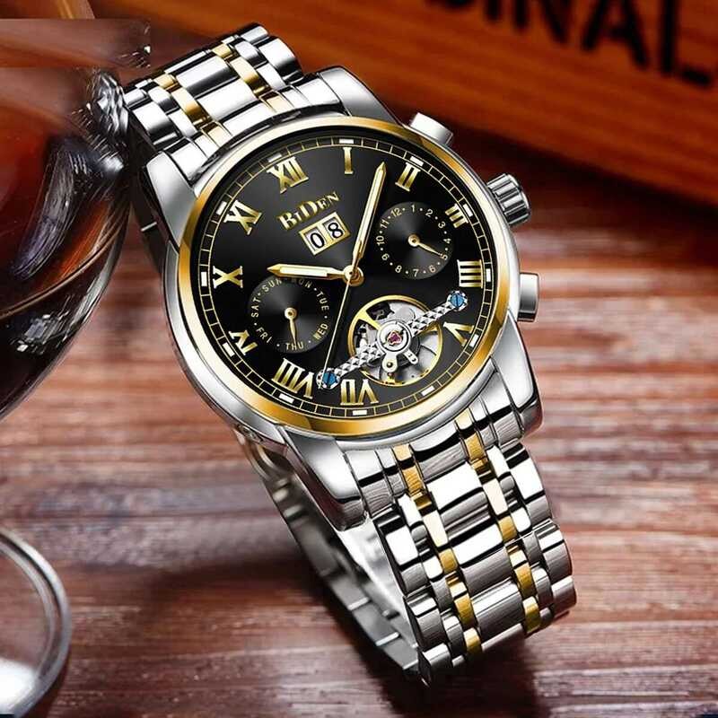 ▥ BIDEN แบรนด์ชั้นนํานาฬิกาผู้ชายกันน้ํานาฬิกากลไกอเนกประสงค์ผู้ชายโครงกระดูกทองสไตล์ระยะยาวทนท