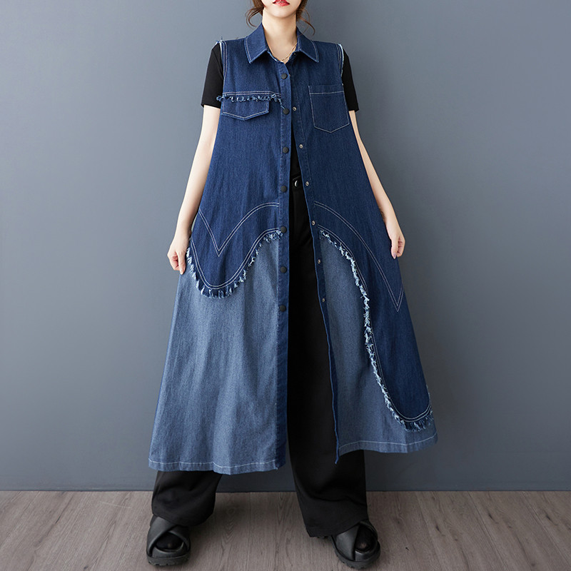 Ladivi Plus ขนาดแฟชั่นผู้หญิง Denim ชุดแขนกุดลําลองหลวมขนาดใหญ่ฤดูร้อนยาว Tunic Robe 8620 C047