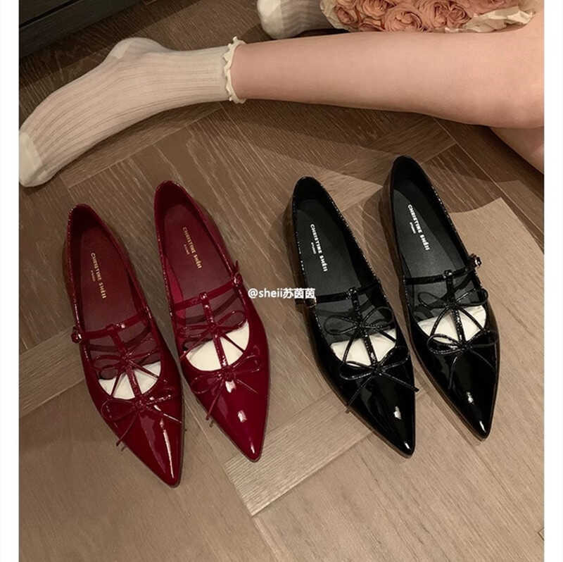 Suyin Hepburn Dinner เหมือนกัน ~ ปลายแหลมโบว์ตื้นปากแบนแมรี่เจนรองเท้าเดี่ยวหนังผู้หญิงประชุม ❤