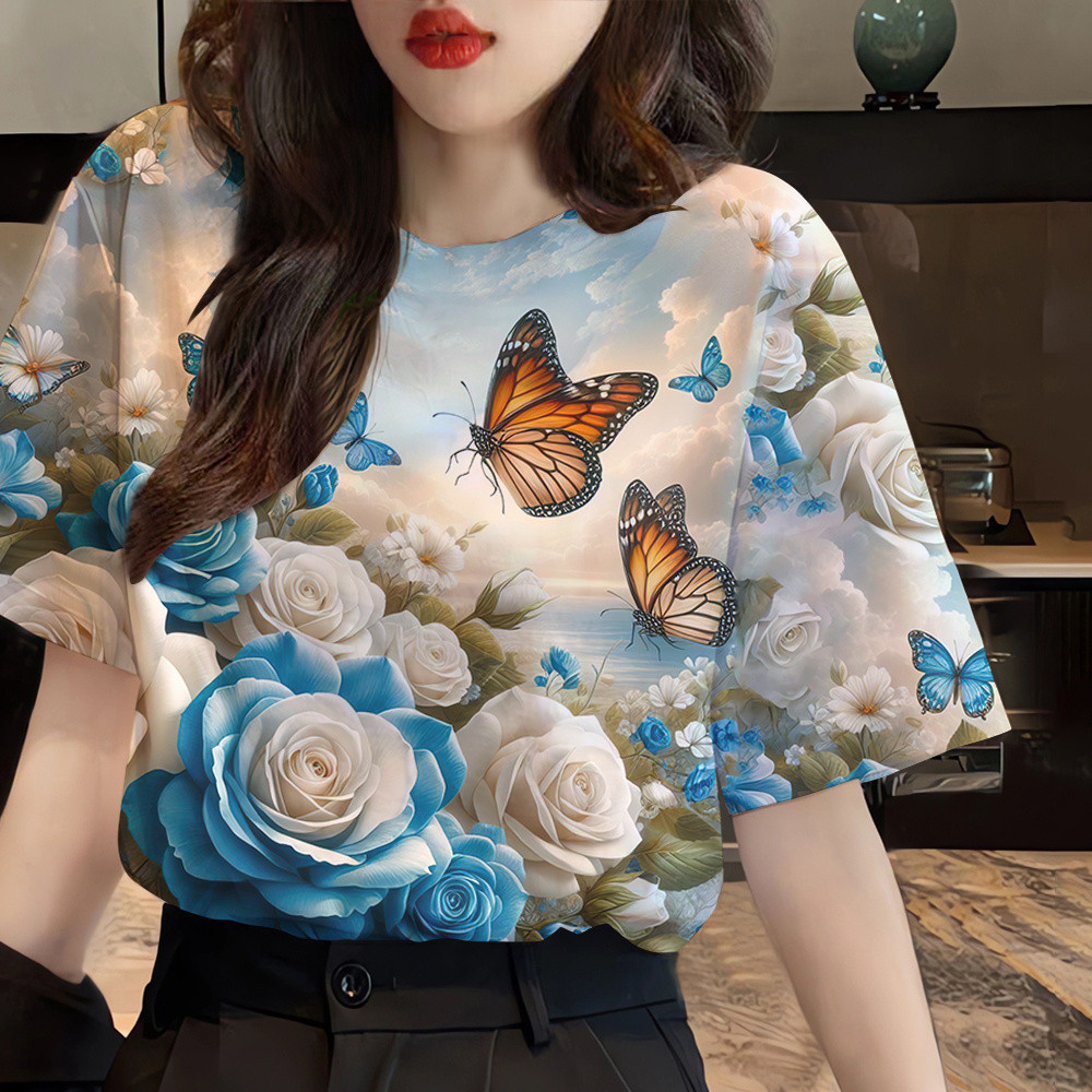 2568ผู้หญิงลายผีเสื้อสําหรับผู้หญิง เสื้อผ้าผีเสื้อเสื้อยืดท็อปส์พิมพ์เสื้อยืดแขนสั้นสบายๆทีเสื้อถนนสวมใส่ โอ เวอร์ไซส์ ที เสื้อส 20