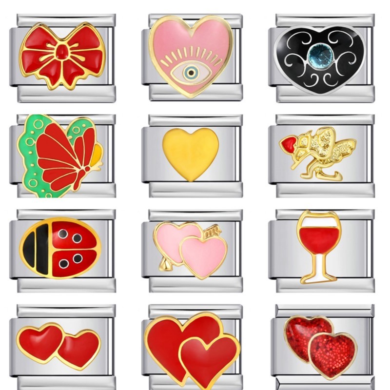 แฟชั่น Red Series Double Heart ผีเสื้ออิตาเลี่ยน Charms สร้อยข้อมือ Link Fit 9 มม.เครื่องประดับสแตนเลส DIY ทําลูกปัด