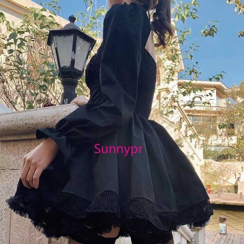 ❤ Women's Long Sleeved Lolita Black Dress Gothic Aesthetics Fluffy Sleeves High Waist Strap Skirt