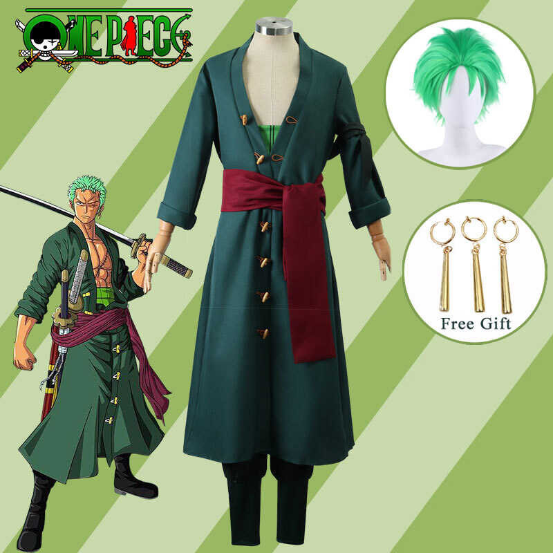 【Free Earrings】Anime Onepiece Roronoa Zoro Cosplay Costume Japanese Kimono Robe Full Suits Hallow