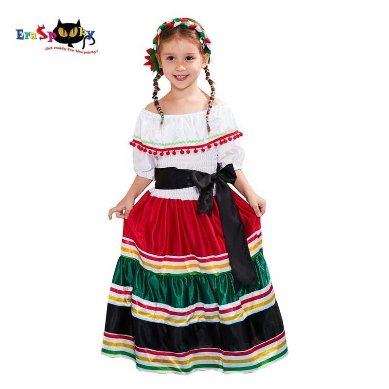 Girls Mexican Senorita Costumes Fancy Dress Cosplay Halloween Party Outfit For Children