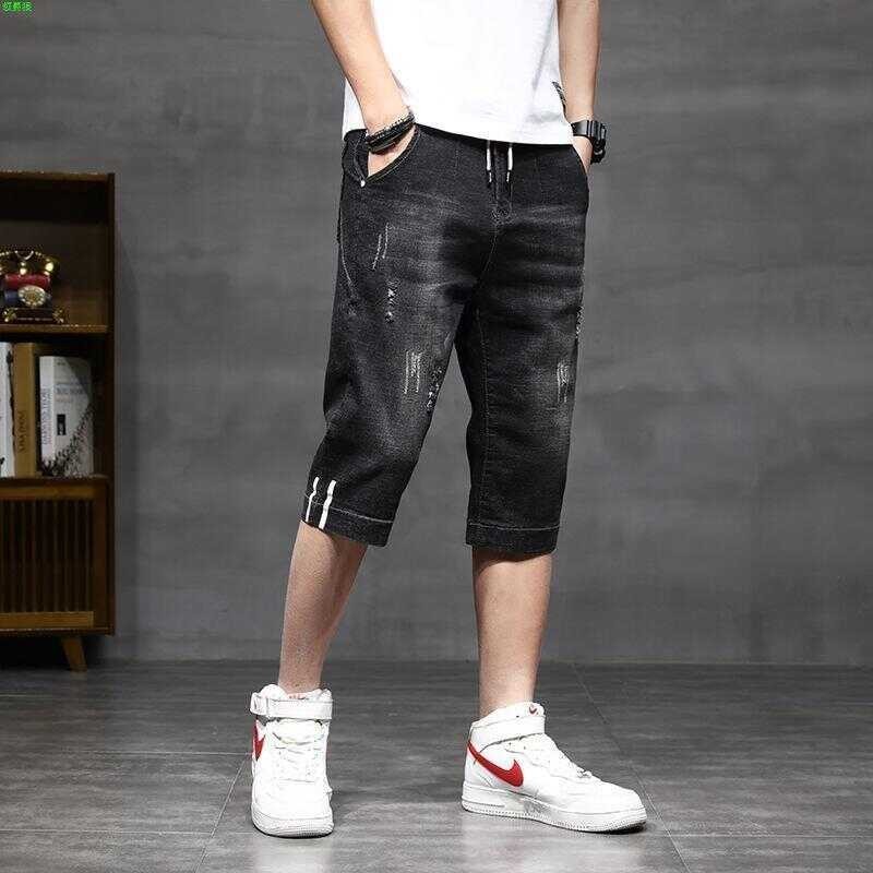 Tethered กางเกงขาสั้นเดนิมบุรุษอินเทรนด์บางคร็อปแพน Naimo