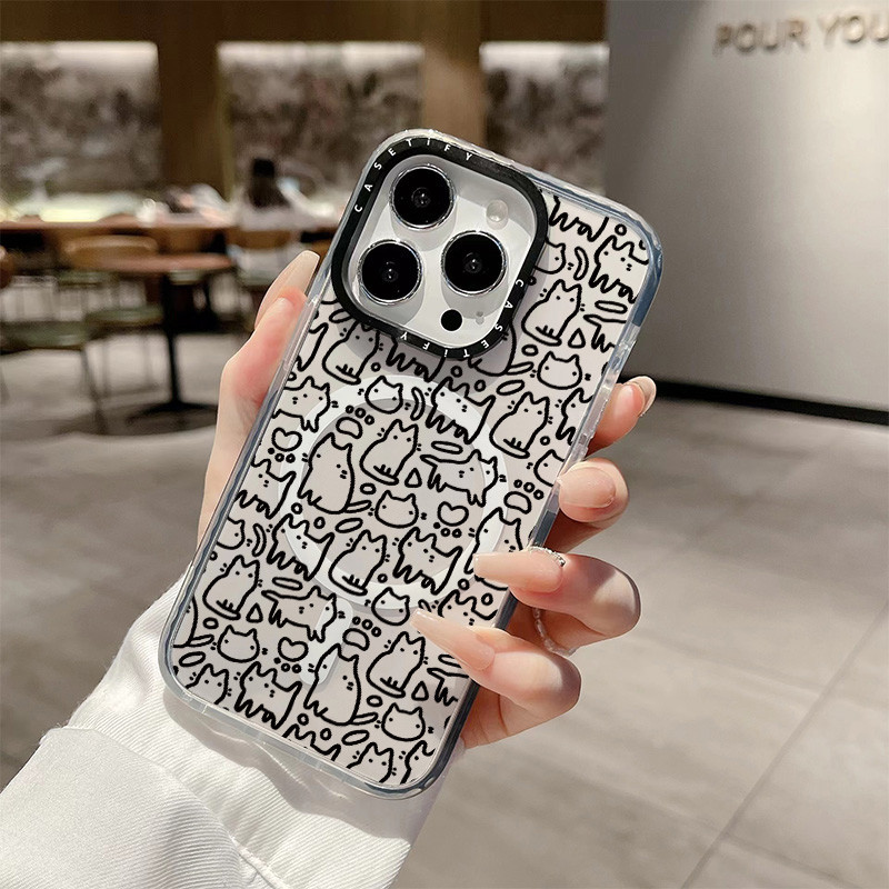 Artistic บทคัดย่อ Line Kitty ไร้สายชาร์จแม่เหล็กสําหรับ IPhone 11 14 15 Pro Max 12 13 Pro Max ฝาครอบ 14 PLUS 15 PLUS ซิลิโคนนุ่มกันชนกันกระแทก