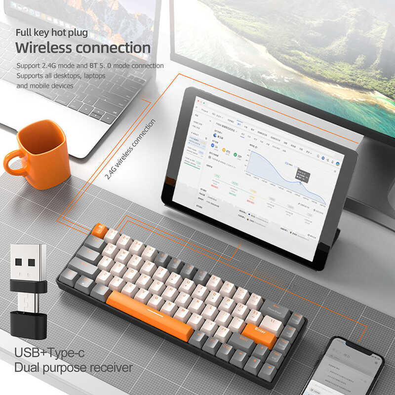 Gaming Dual-mode K68 Bluetooth-Compatible 5.0 Wireless Mechanical Keyboard Ergonomic 2.4G 68 Keys P