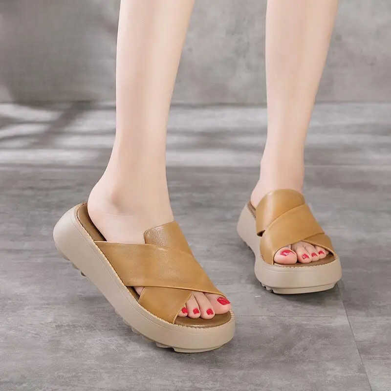 Slippers: Women's Wedge Genuine Leather Thick Slippers, Summer New 2023 Casual Soft Sole Retro Sand