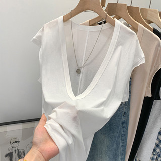 84432 ผ้าฝ้ายแท้สบายคอวีเสื้อยืดแขนกุดหลวมผู้หญิง