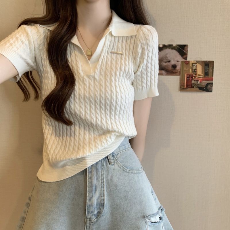 ผ้าไหมน้ําแข็งด้านบนผ้าไหมน้ําแข็งแขนสั้นเสื้อยืดผู้หญิงฤดูร้อนปกเก๋เสื้อขนาดเล็ก