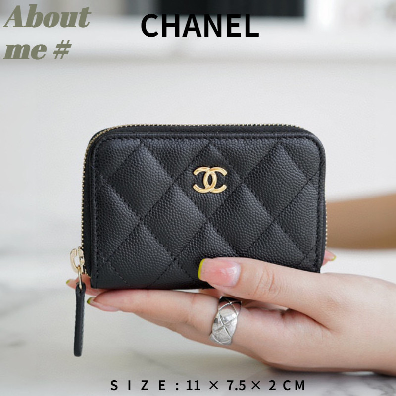 ♞,♘,♙ชาแนล Chanel ซิปปิด Calfskin Coin Purse Card Holder Ladies Wallet