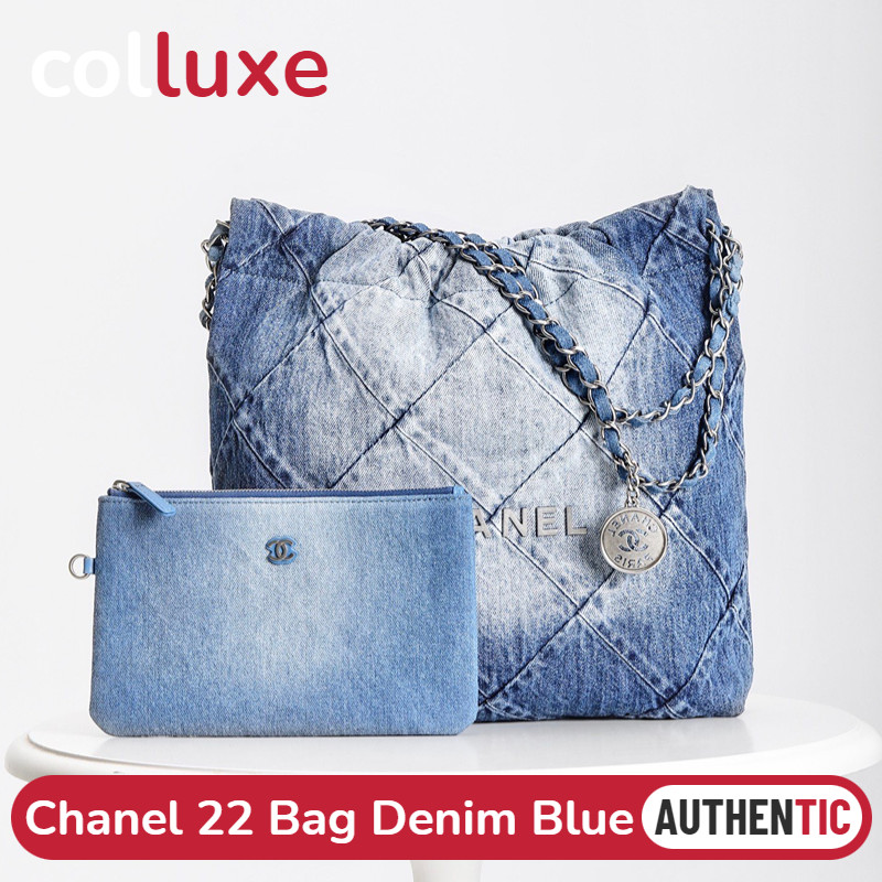 ♞,♘ของแท้ชาแนล CHANEL 22 Bag Denim Blue กระเป๋าช้อปปิ้งผู้หญิง กระเป๋าสะพายข้าง AS3260