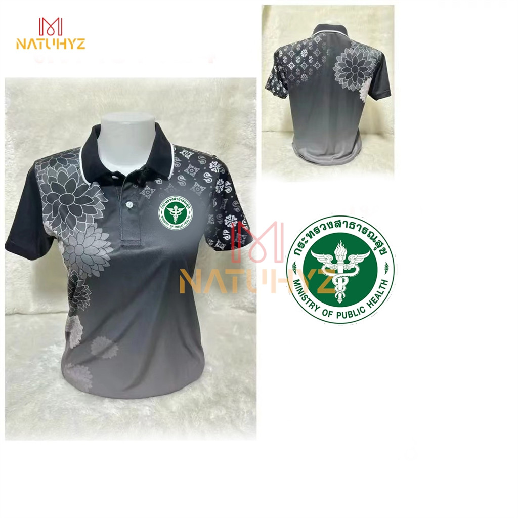 ลายดอกไม้สีดำ เสื้อโปโล พิมพ์ลาย ทรงผู้ชาย ทรงผู้หญิง สไตล์35(เลือกตราหน่วยงานได้ สาธารณสุข สพฐ อปท มหาดไทย อสม เสื้อพิมพ์ลาย และอื่นๆ เลือกตราหน่วยงานได้)