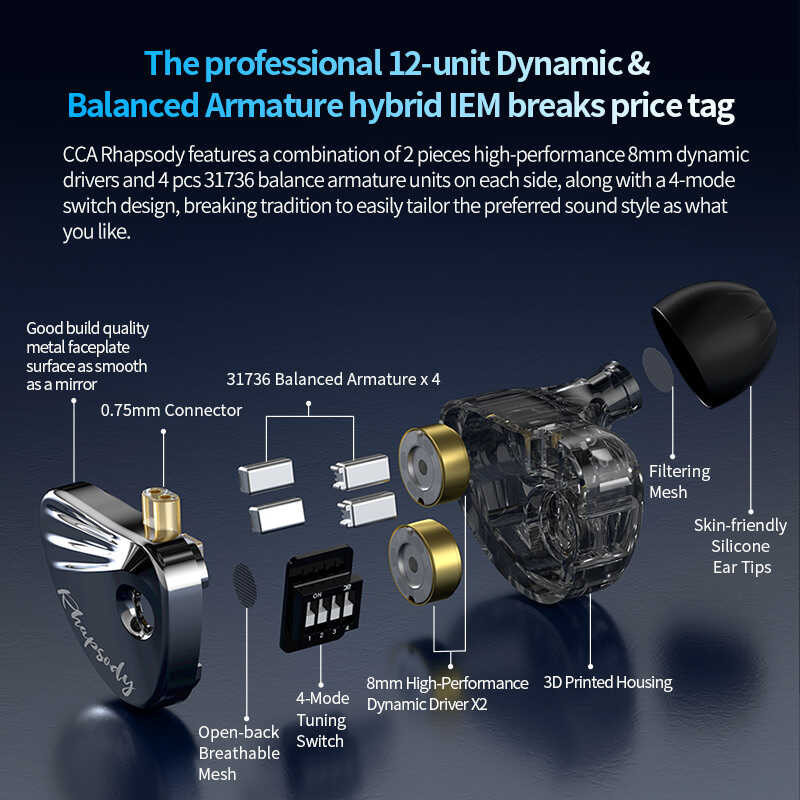 CCA Rhapsody โลหะหูฟังแบบมีสายในหูฟังฟังหูฟังเบสไฮไฟชุดห