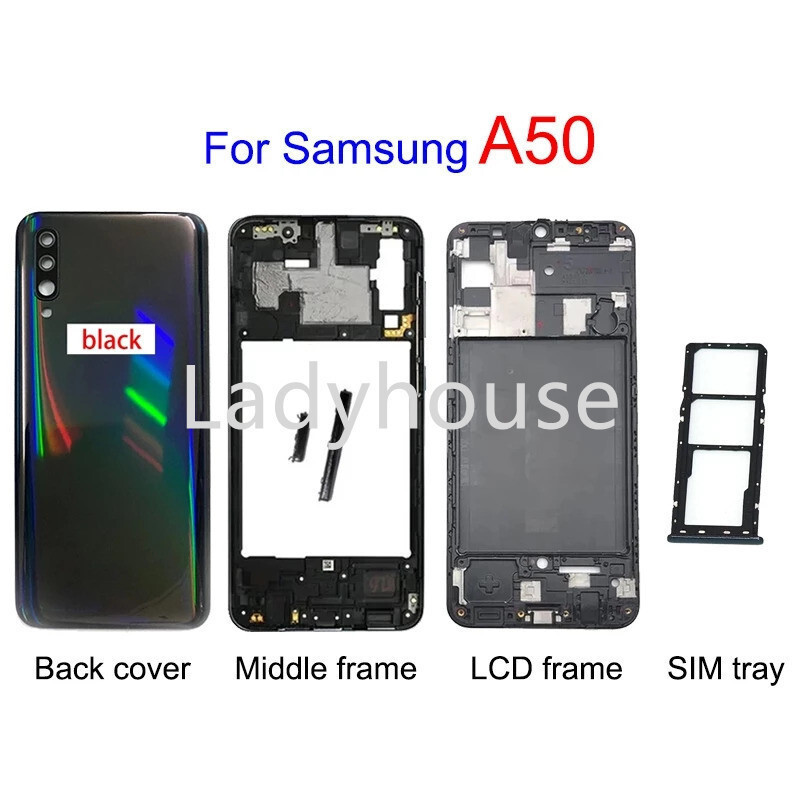สําหรับ Samsung A50 ฝาหลังที่อยู่อาศัยกรอบกลางกรอบ LCD ด้านหน้าและซิมการ์ดถาดอะไหล่