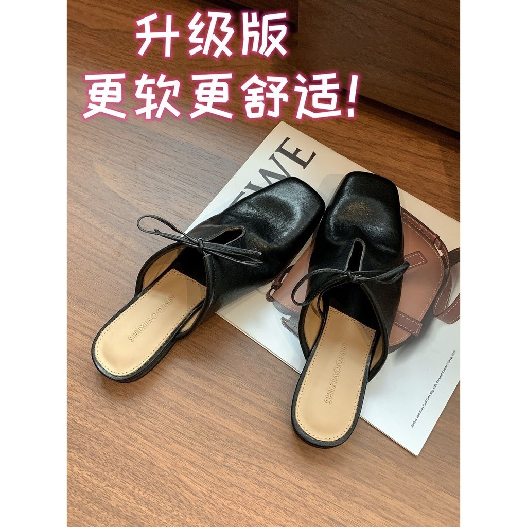 Shanmieleng ยุโรปสไตล์อเมริกัน Baotou รองเท้าแตะผู้หญิงสวมใส่ด้านนอก 2024 ฤดูร้อนสไตล์ใหม่ Lace-Up Retro Muller รองเท้าสแควร์ Toe แบนครึ่งรองเท้าแตะ