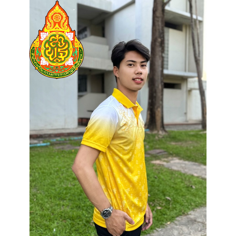เสื้อโปโลสีเหลืองลายดอกรวงผึ้ง ผ้ายืด ใส่สบาย ไม่ร้อน ไม่ต้องรีด