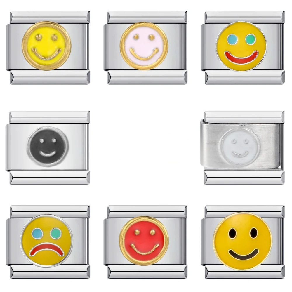 ใหม่ยอดนิยมแฟชั่นที่มีสีสันเคลือบ Happy Smile Face Charm Links Fit 9 มม.สร้อยข้อมือสแตนเลสทํา DIY เครื่องประดับ