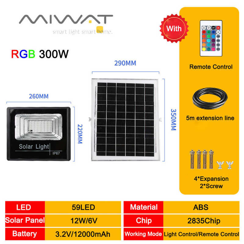 MIWAT 100W 200W 300 LED พลังงานแสงอาทิตย์กลางแจ้งแสง RGB Solar Floodlig