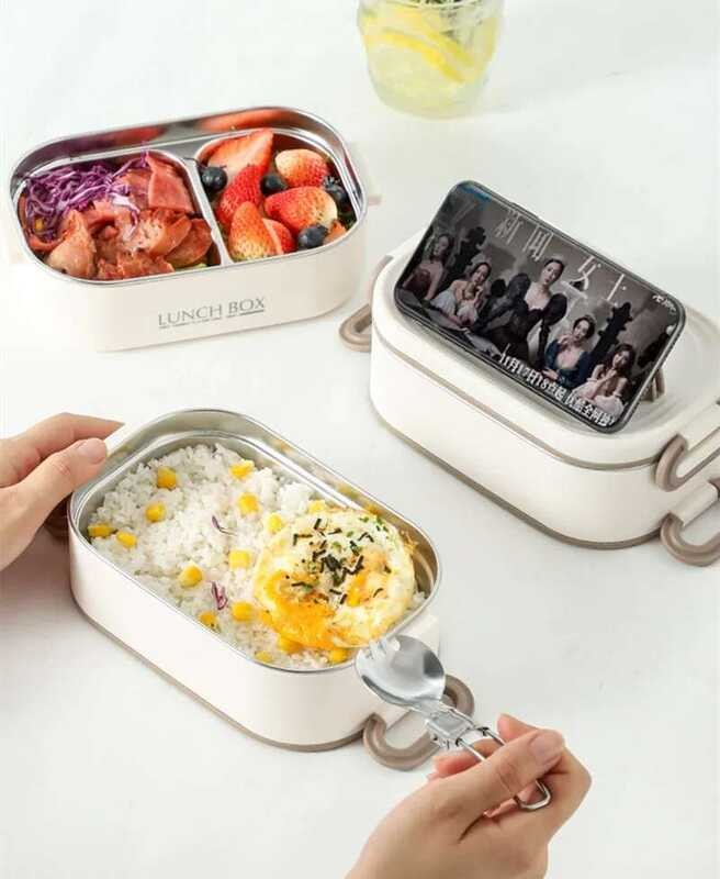 ❥ 1500Ml สแตนเลสสตีล 304 กล่องอาหารกลางวันความร้อนพร้อ