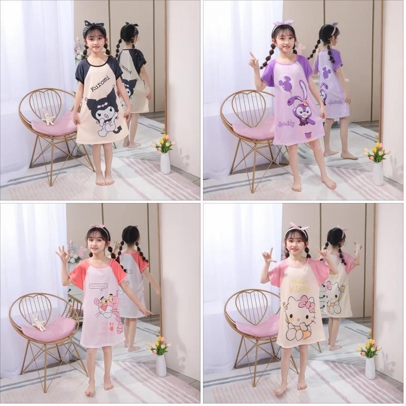 ชุดนอนเด ็ กแขนสั ้ นคอกลมชุดนอนเด ็ กผู ้ หญิงโพลีเอสเตอร ์ น ่ ารักสําหรับ 5 - 6 ปี