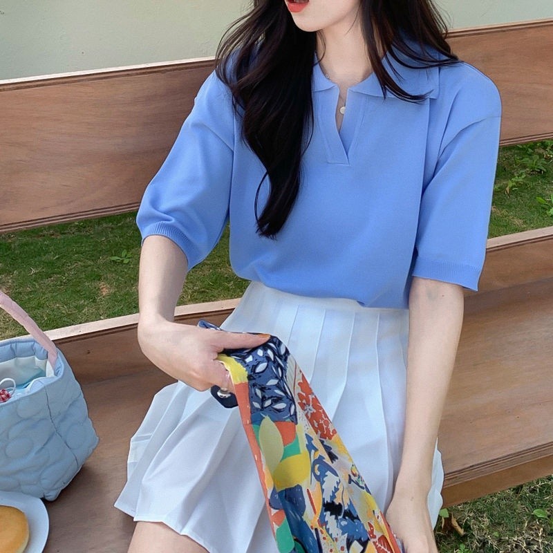 bananashop  ♞เสื้อโปโล แขนสั้น สีดํา สไตล์ใหม่ แฟชั่นสําหรับผู้หญิง มีให้เลือกหลายสี