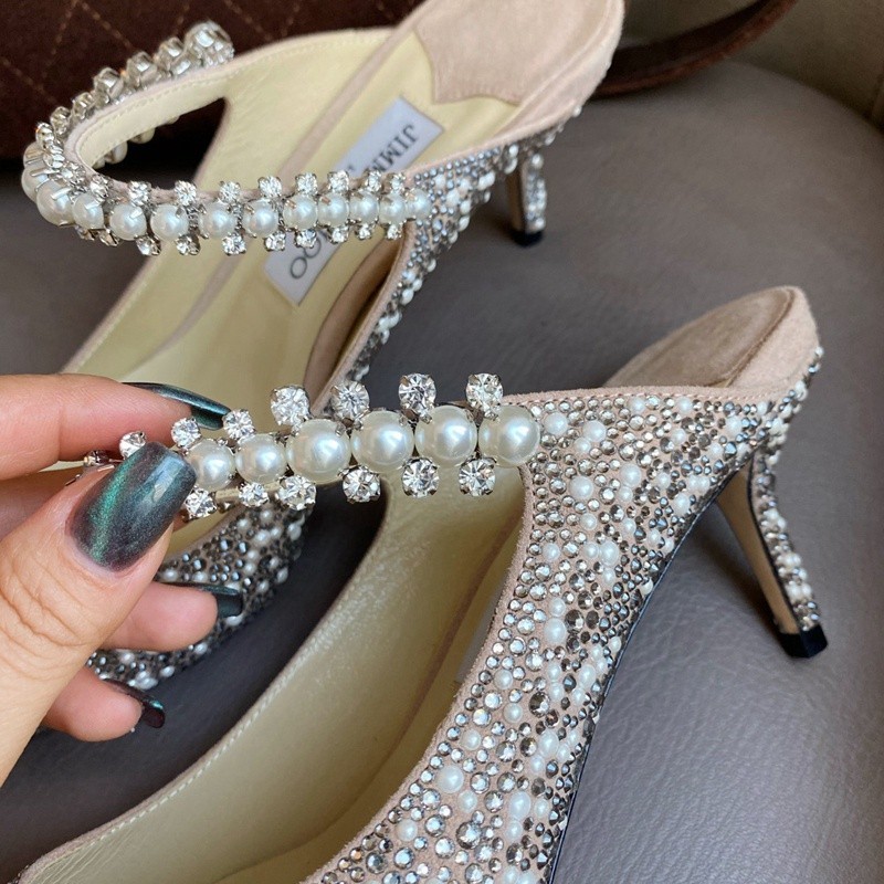 【6.5 ซม.】jimmy Choo รองเท้าส้นสูง หัวแหลม ปากตื้น ประดับไข่มุก พลอยเทียม แฟชั่นสําหรับผู้หญิง