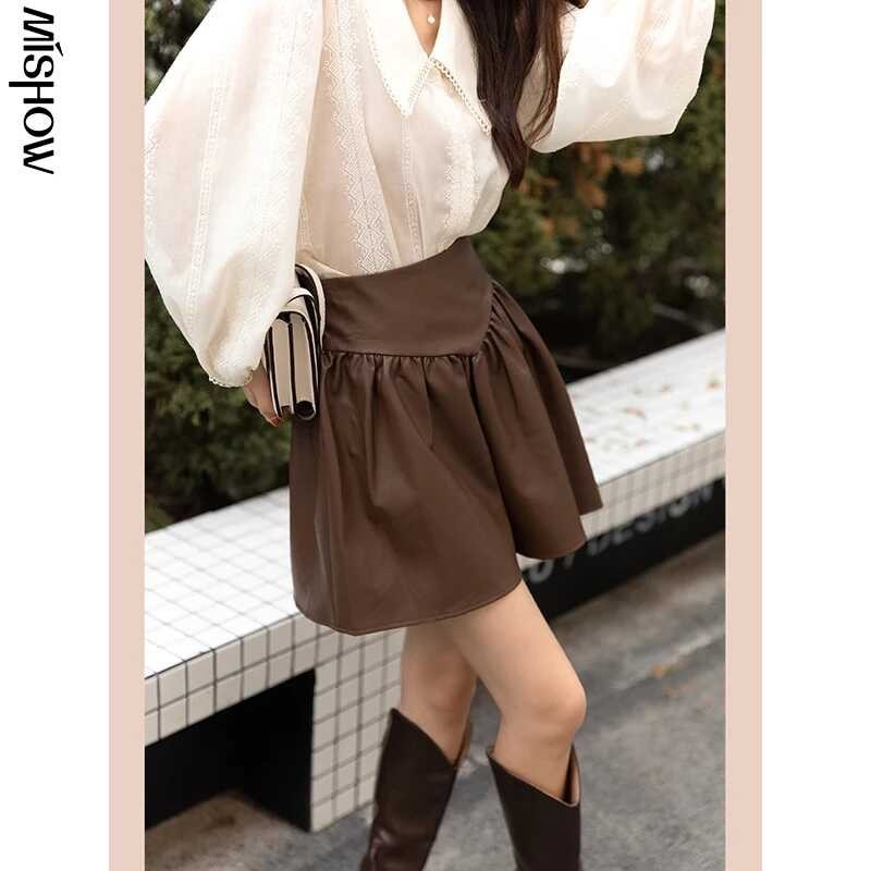 MISHOW PU หนังกระโปรงผู้หญิงแฟชั่นฤดูใบไม้ผลิฤดูใบไม้ร