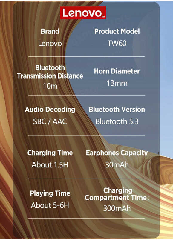 Original Lenovo Tw60 TWS Bluetooth 5.3 Hifi Sound Noise Reduction Low Latency Gaming Sport Earphone