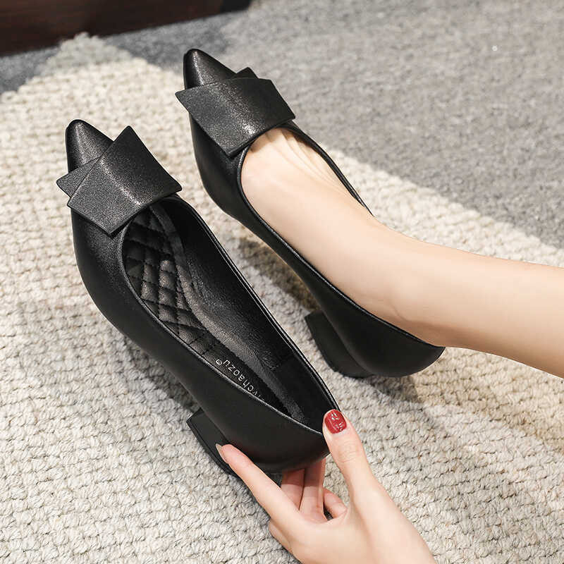 2020 ❤ Fall Hotel Work Shoes Women's Black Mid Heel Formal Dress Stewardess Chunky Heel Single-Laye