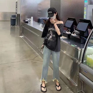 ส่งจากกรุงเทพฯ Solovely M-2XL เสื้อดํา เสอื้ผา้ผหู้ญง เสื้อเปิดไหล่ เสอ สไตล์เกาหลี แมว พิมพ์ลาย หลวม เสื้อยืด