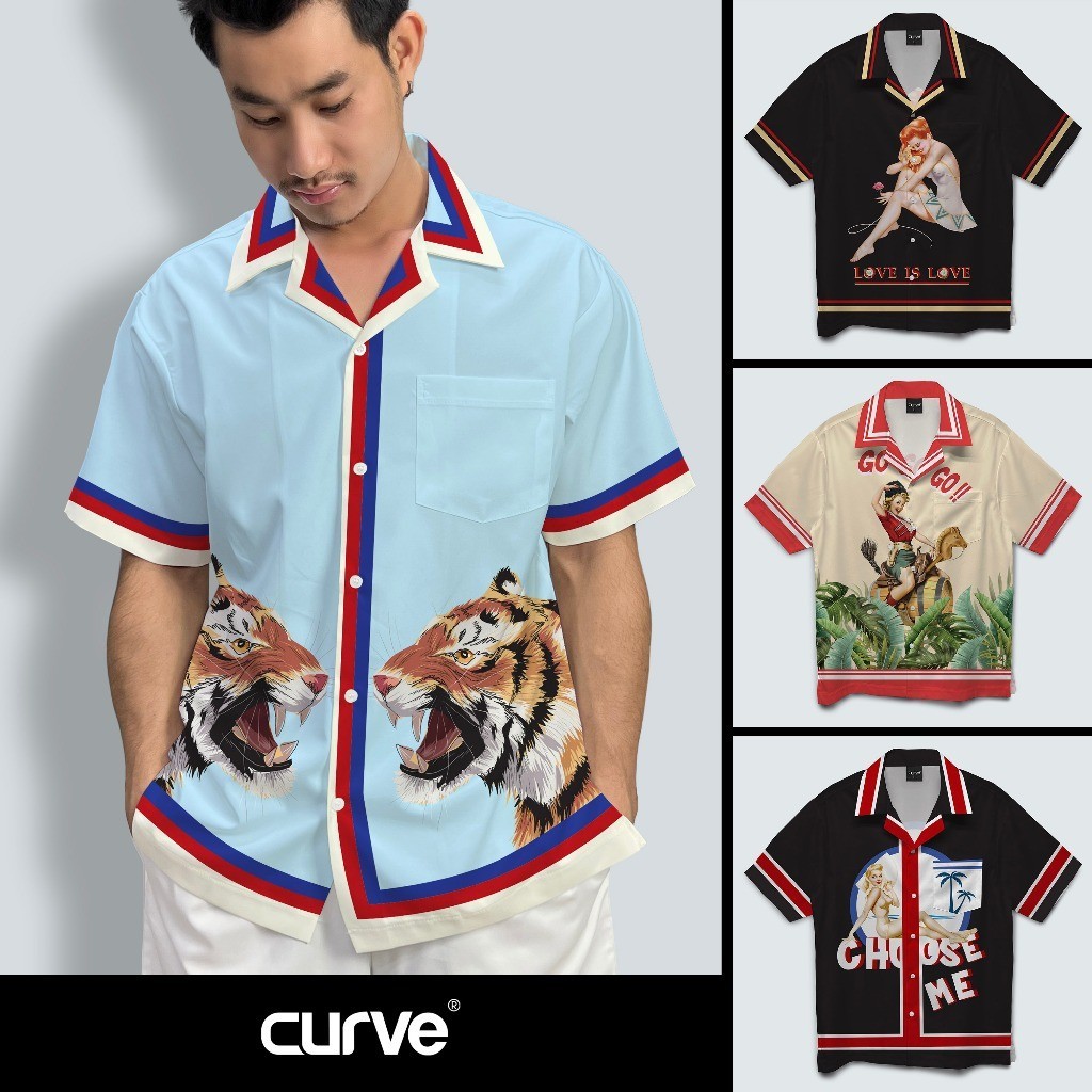 เสื้อฮาวาย CURVE ลายพร้อมส่ง สีพิมพ์คมชัด สีไม่ตก SET2 (ไม่มีกระเป๋า)