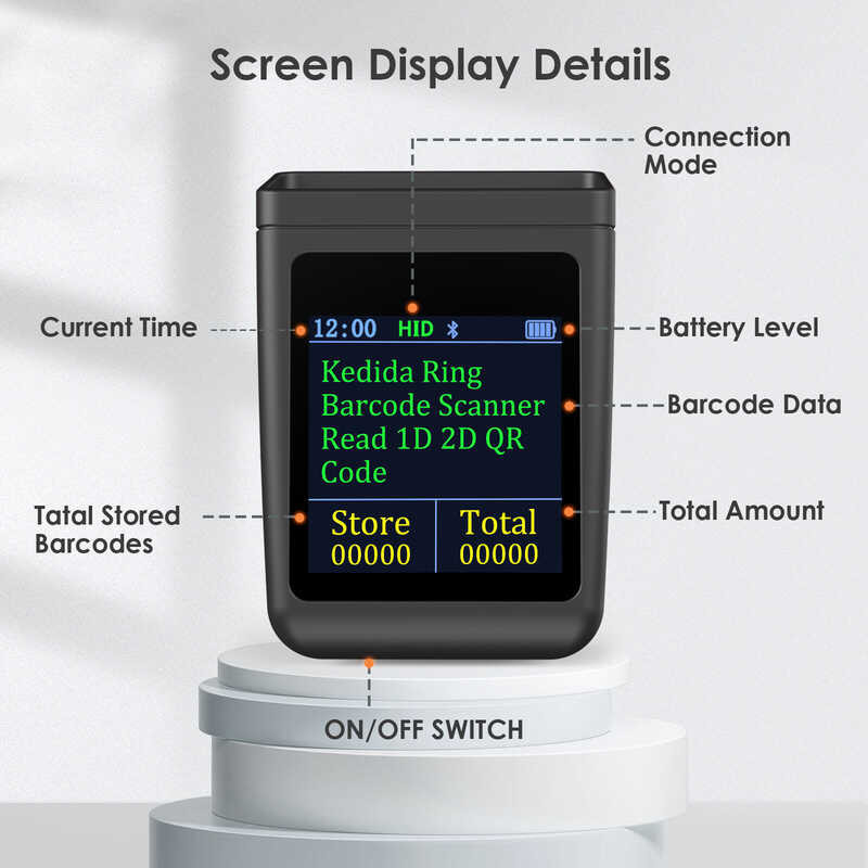 เครื่องสแกนบาร์โค้ดวงแหวนไร้สาย2มิติพร้อมหน้าจอ Eyoyo