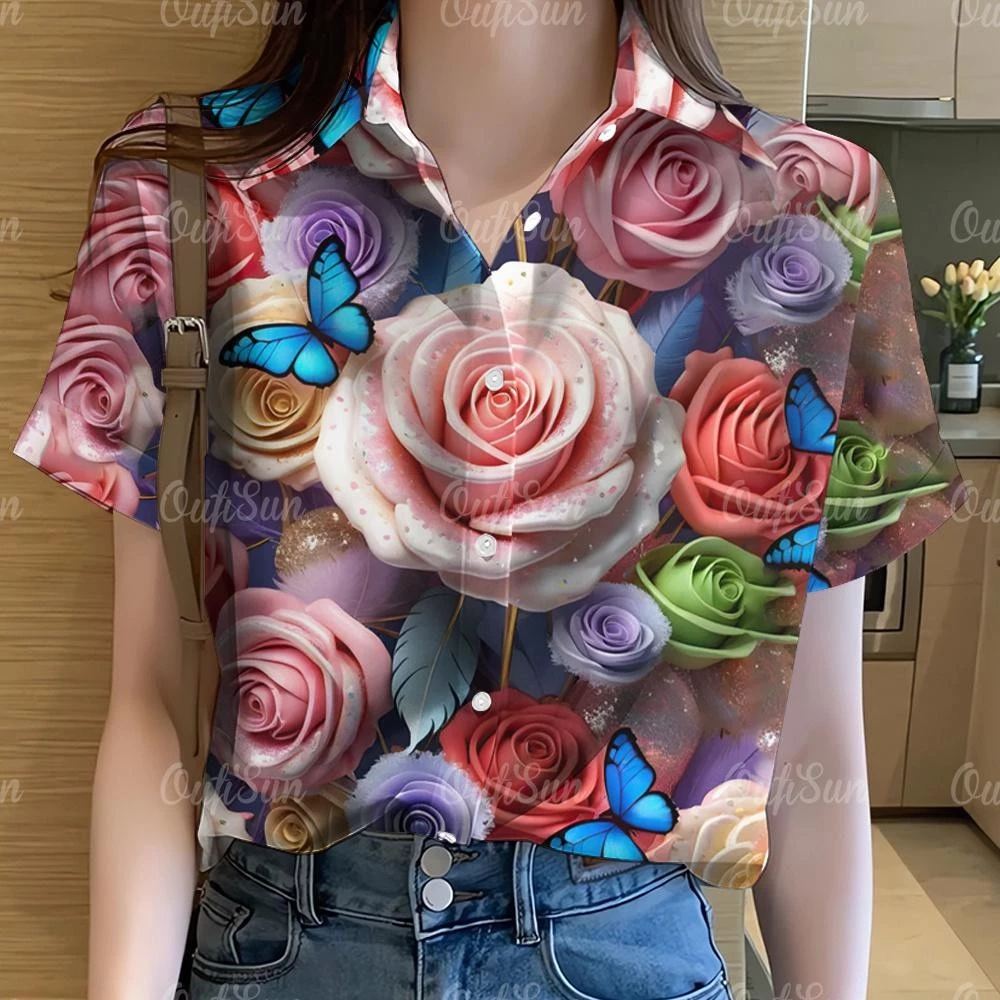 เสื้อลายดอกผู้หญิงแขนสั้น ไซส์ใหญ่ ลายสายรุ้ง กราฟฟิตี้ สไตล์ฮาวาย